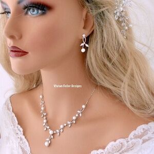 Vine Jewelry Set PEARL LEAF Wedding Bridal Necklace Earring SIL Gold ROSE Gold